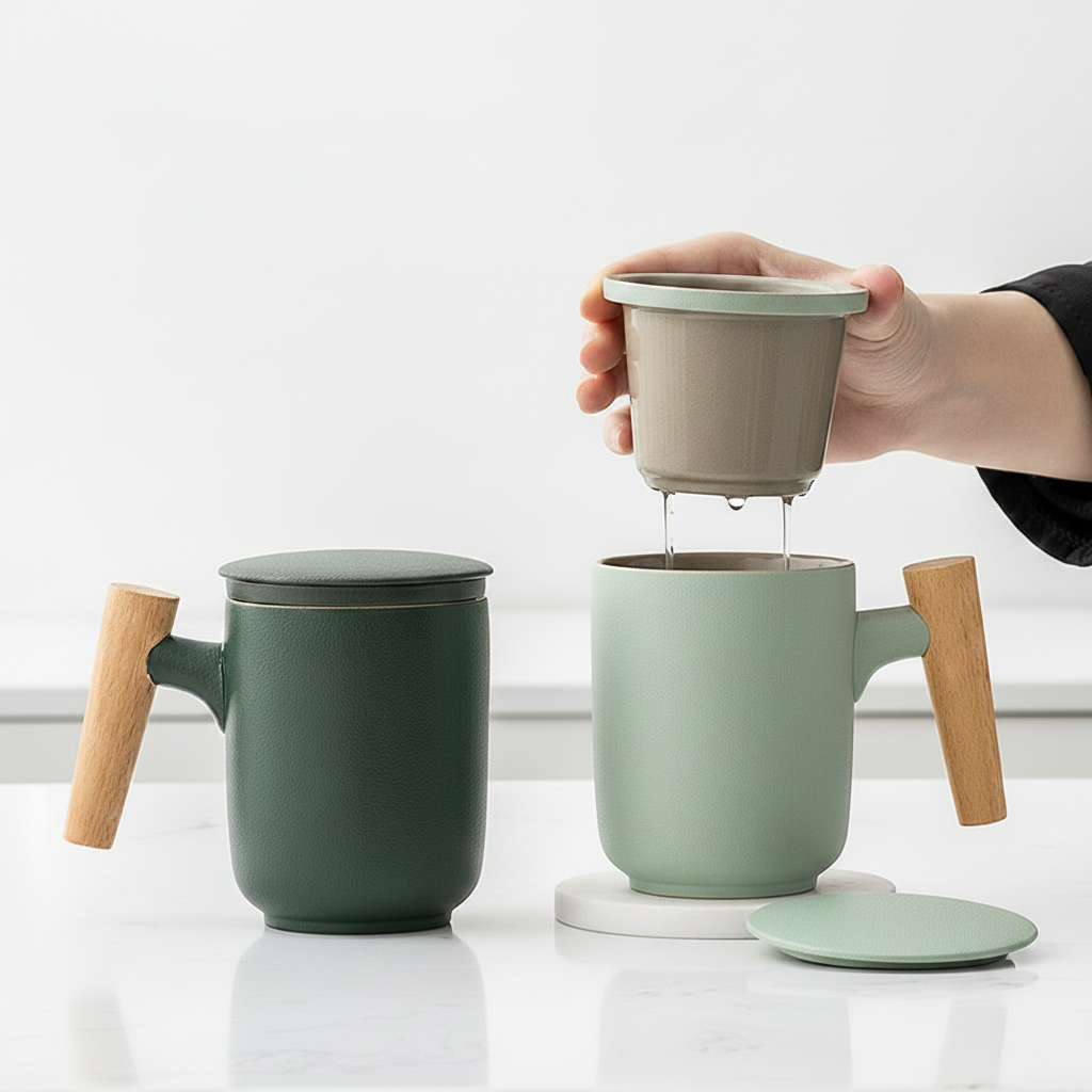Frosted Ceramic Mug with Wooden Handle & Tea Infuser Lid