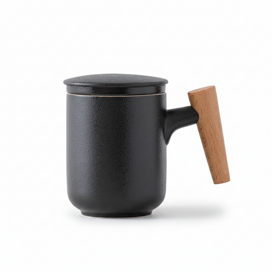 Frosted Ceramic Mug with Wooden Handle & Tea Infuser Lid