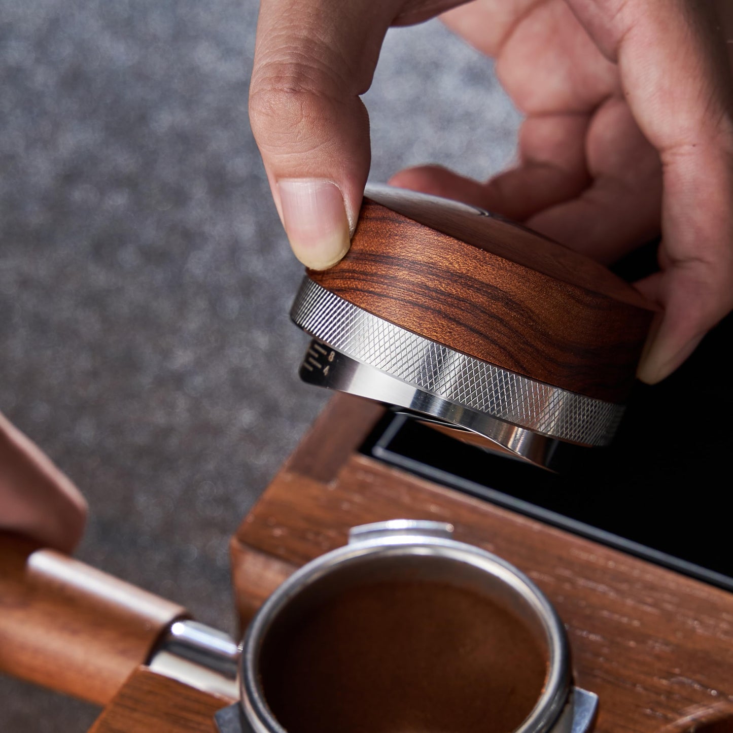 58mm Espresso Distribution Tool — Adjustable Depth, Rosewood Top.
