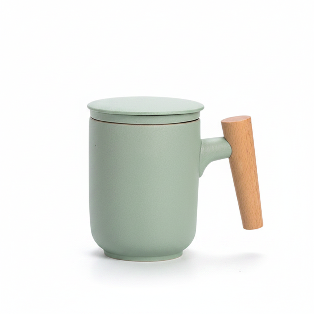 Frosted Ceramic Mug with Wooden Handle & Tea Infuser Lid