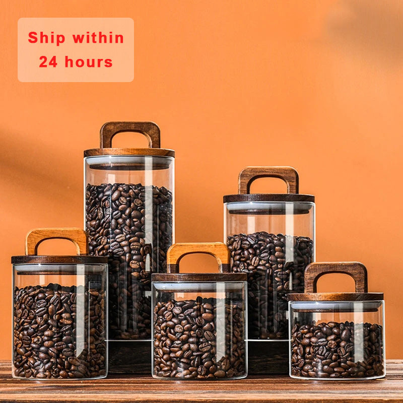 Airtight glass coffee canister with wood lid