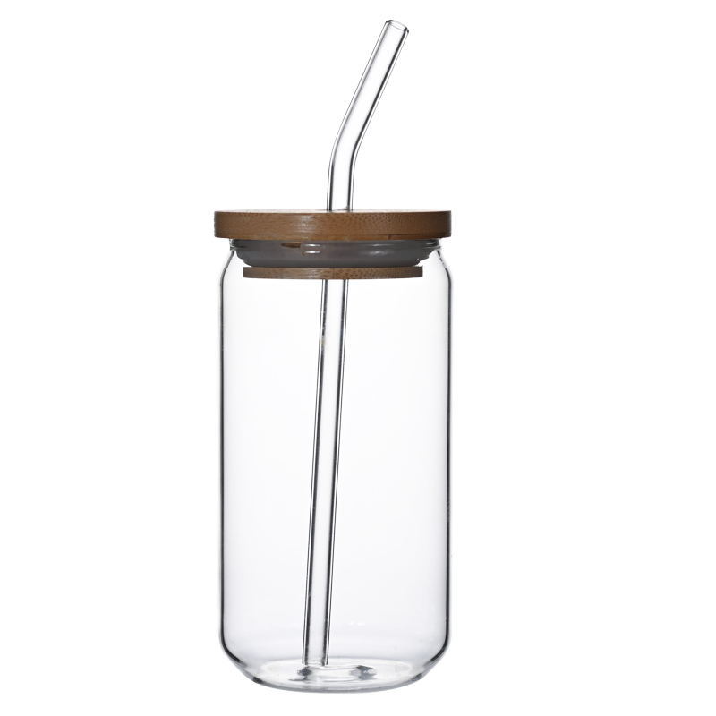 Tall Glass Cup With Bamboo Lid and Glass Straw