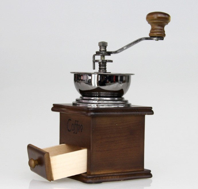 Vintage beechwood hand-crank coffee grinder