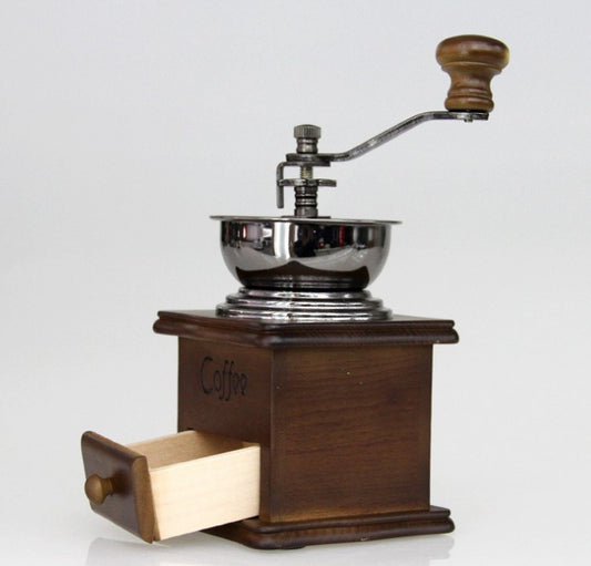 Vintage beechwood hand-crank coffee grinder