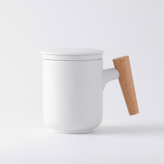 Frosted Ceramic Mug with Wooden Handle & Tea Infuser Lid