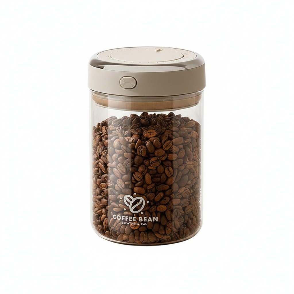 Coffee bean container with coffee beans inside, measurements displayed, on a wooden surface.