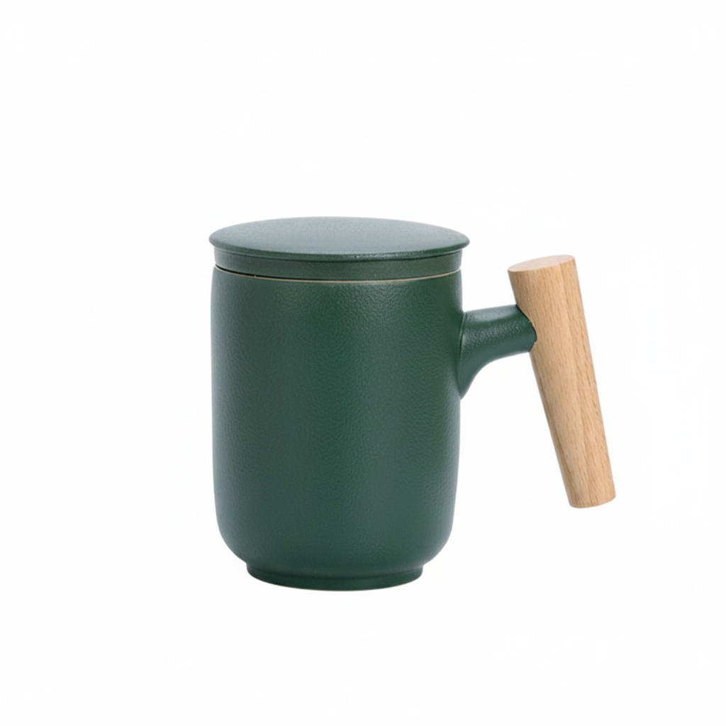 Frosted Ceramic Mug with Wooden Handle & Tea Infuser Lid