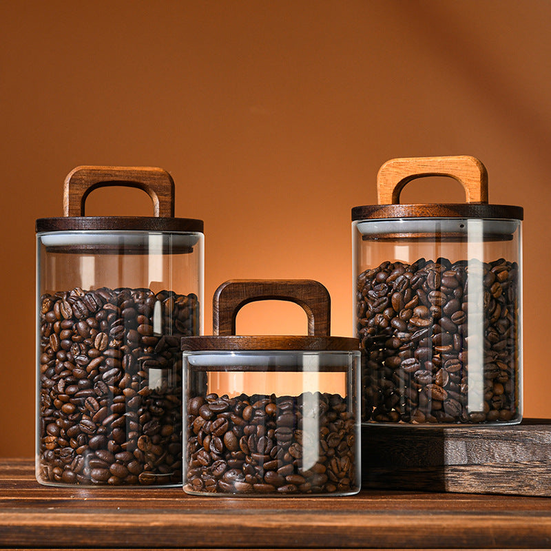 Airtight glass coffee canister with wood lid, alternate view 2