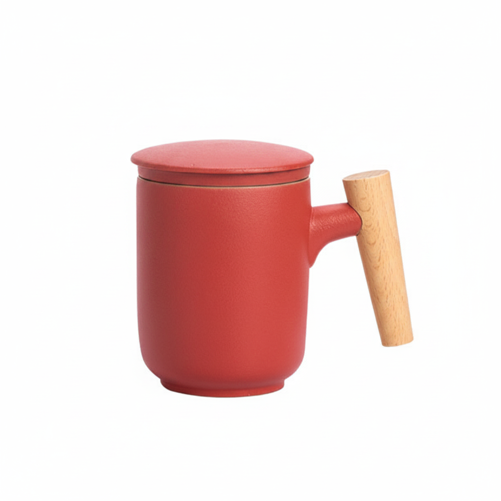 Frosted Ceramic Mug with Wooden Handle & Tea Infuser Lid