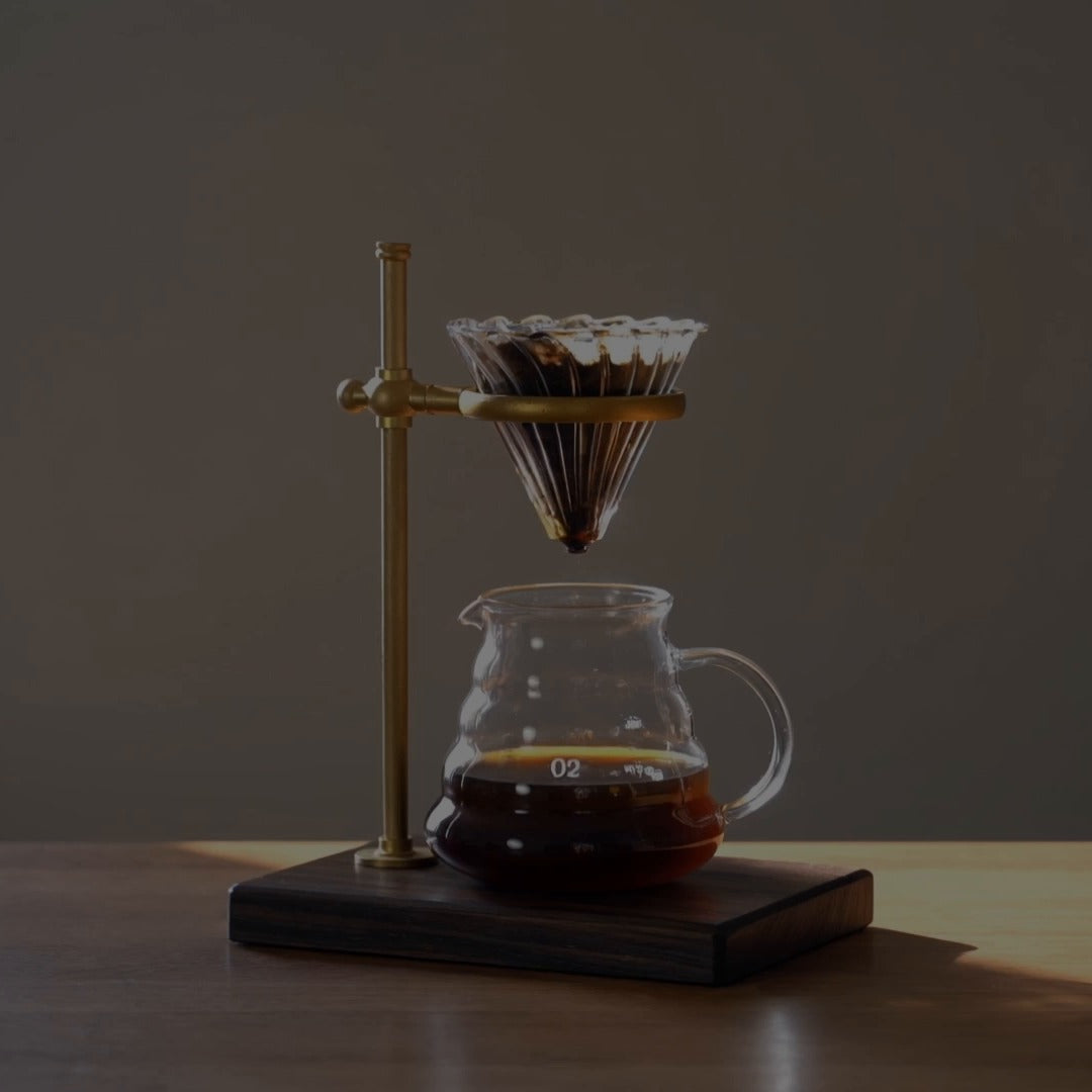 Copper pour-over stand on walnut base