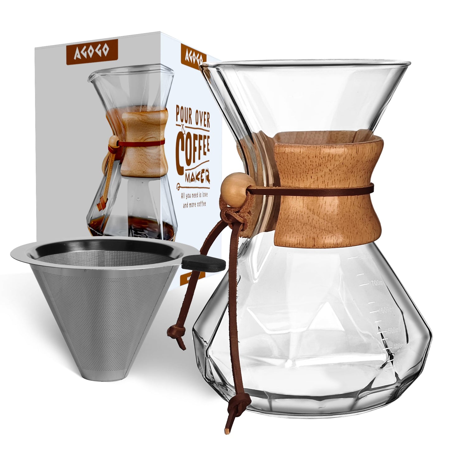 Wood-Neck Pour-Over Set — Borosilicate Glass & Reusable Steel Filter