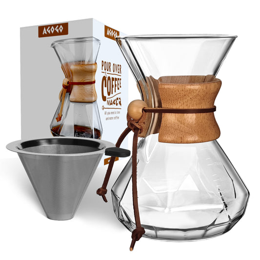 Wood-Neck Pour-Over Set — Borosilicate Glass & Reusable Steel Filter