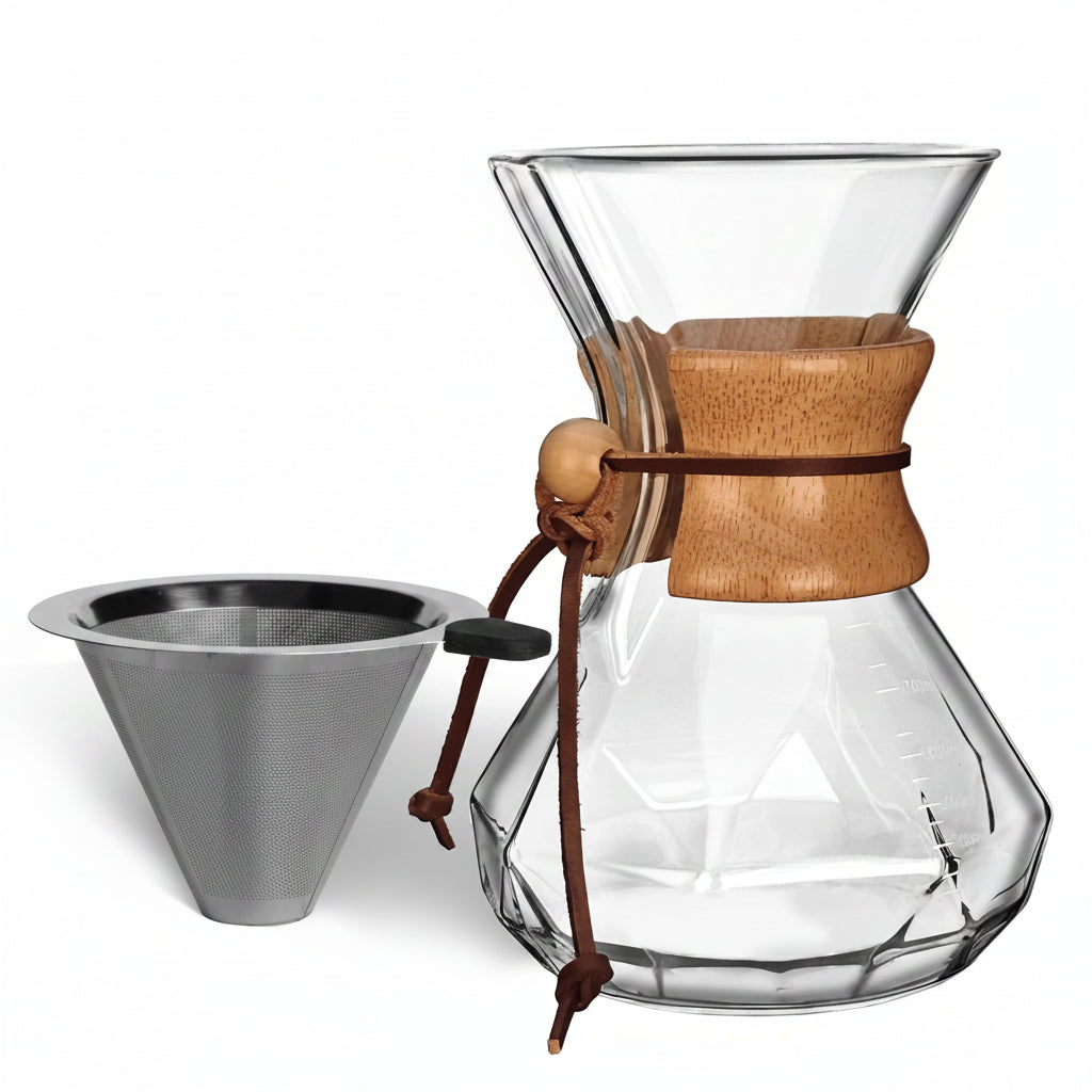 Wood-Neck Pour-Over Set — Borosilicate Glass & Reusable Steel Filter