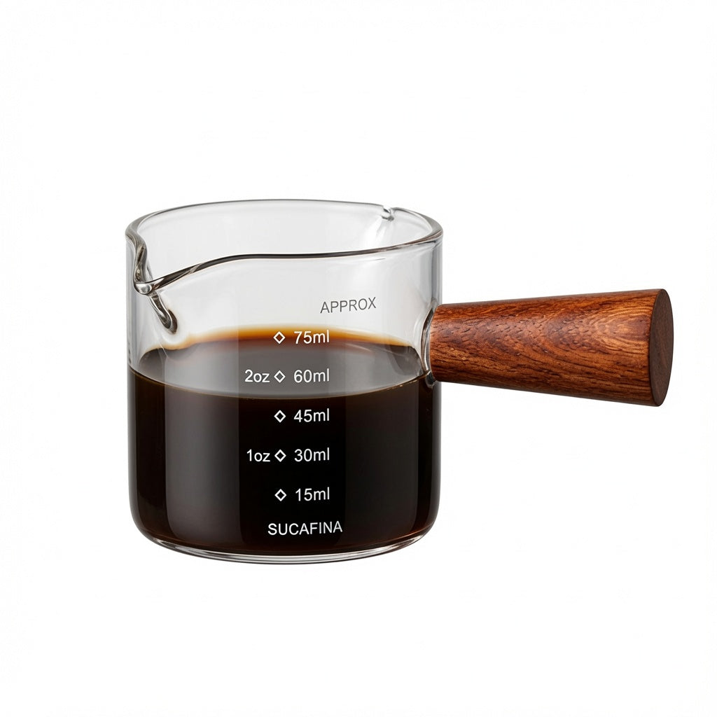 Glass Espresso Shot Measuring Cup with Wood Handle — Double Spout