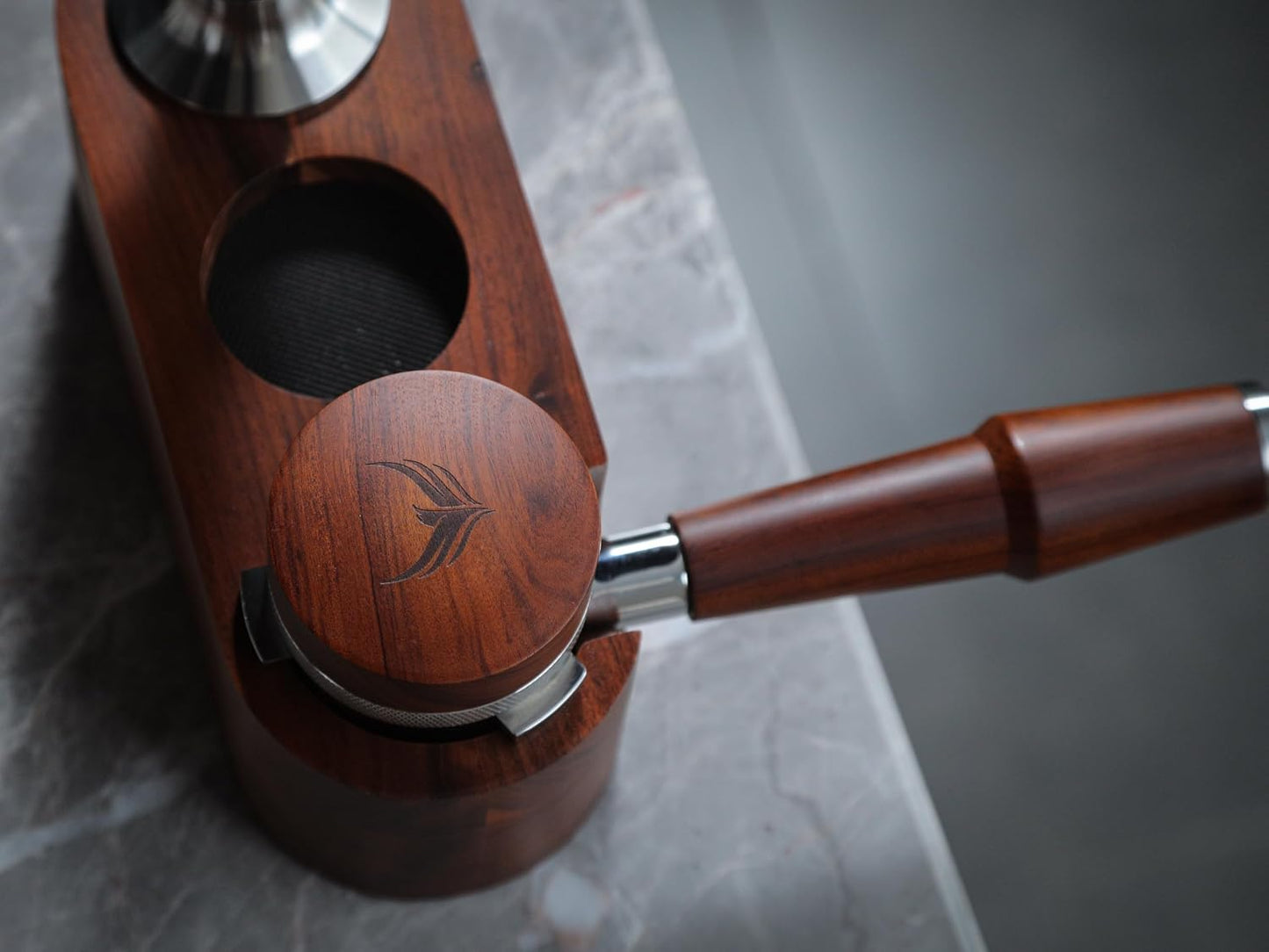 58mm Espresso Distribution Tool — Adjustable Depth, Rosewood Top.