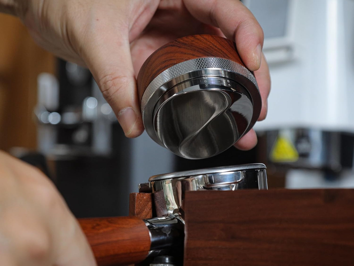 58mm Espresso Distribution Tool — Adjustable Depth, Rosewood Top.