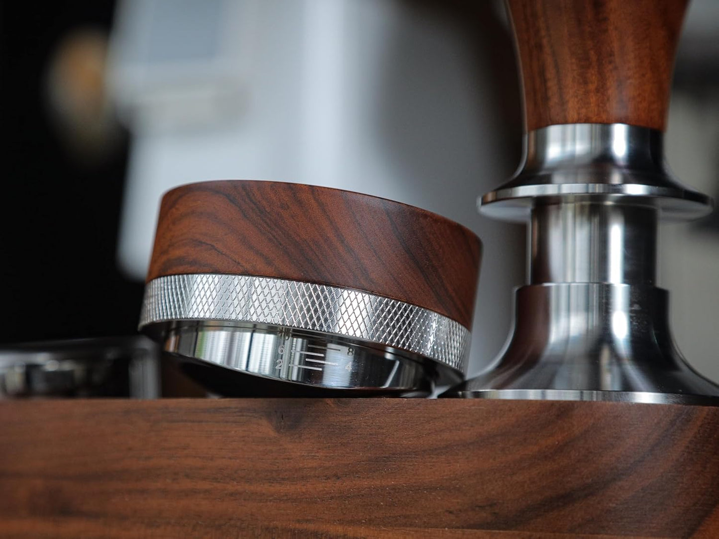 58mm Espresso Distribution Tool — Adjustable Depth, Rosewood Top.